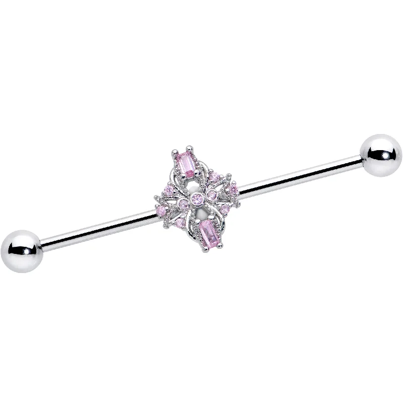 Women's Earrings – Elegant Designs for Every Personality--14 Gauge Pink Gem Opulent Cross Industrial Barbell 38mm
