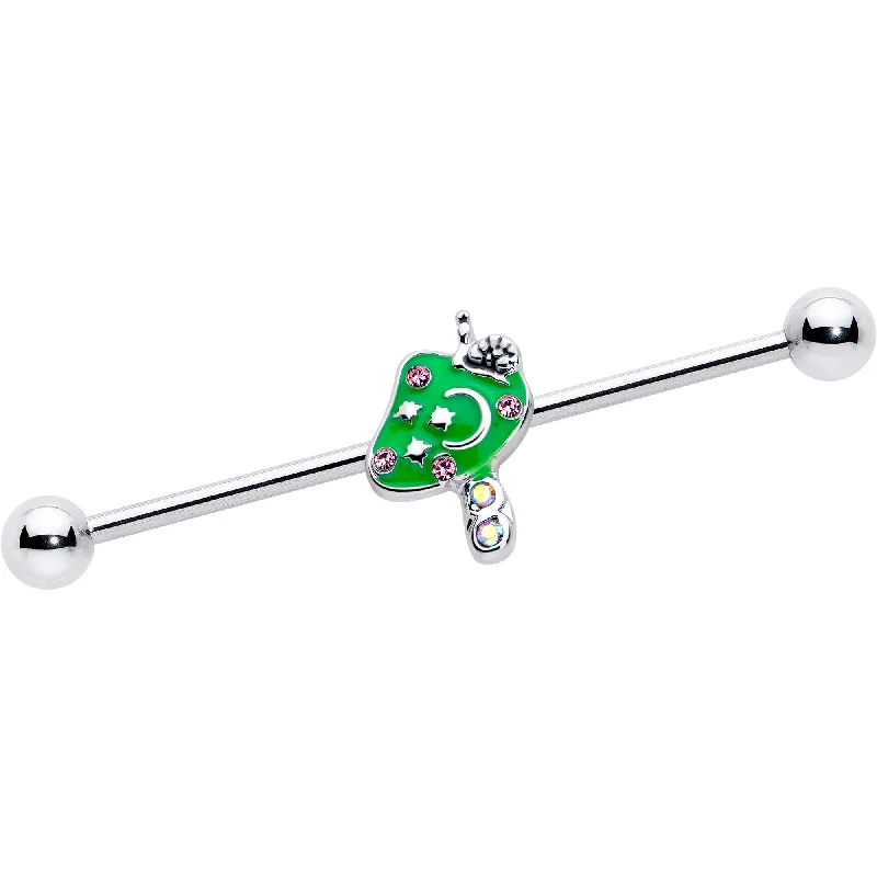 Women's Earrings – Elegant Designs for Every Personality--14 Gauge Pink Gem Fanciful Green Mushroom Industrial Barbell 38mm