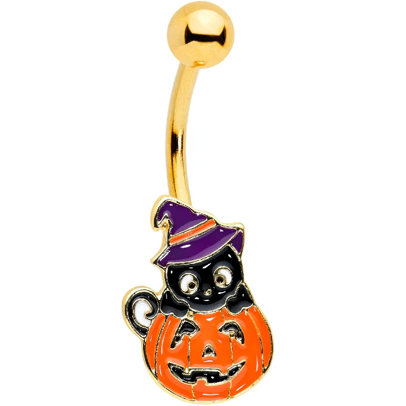 Comfortable Belly Rings for Casual Wear -Gold Tone Black Cat Witch Pumpkin Halloween Belly Ring Comfortable Belly Rings for Casual Wear -Gold Tone Black Cat Witch Pumpkin Halloween Belly Ring