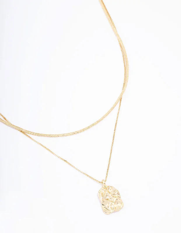 Shop Classic Women's Necklaces & Pendants with a Modern Twist-Gold Plated Hammered Rectangular Layered Necklace Shop Classic Women's Necklaces & Pendants with a Modern Twist-Gold Plated Hammered Rectangular Layered Necklace