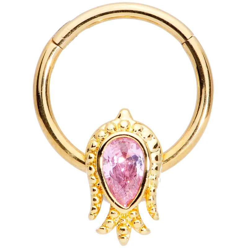 Comfortable Lip Rings for Fashionable Look16 Gauge 3/8 Pink Gem Gold Tone Sideways Tulip Flower Hinged Segment Ring
