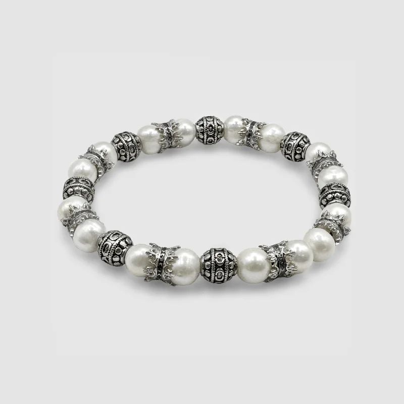 Men's Personalized Metal Link Bracelets-Crown Jewels Pearl Bracelet (Silver)