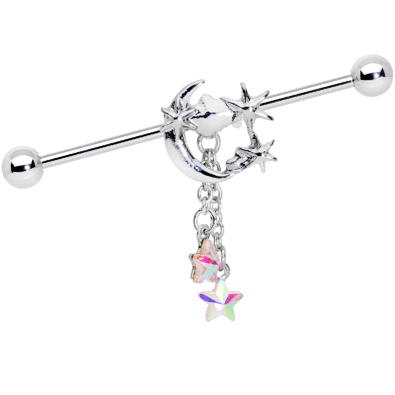 Women's Earrings – Elegant Designs for Every Personality--14 Gauge Aurora Star Gem Crescent Moon Dangle Industrial Barbell 38mm
