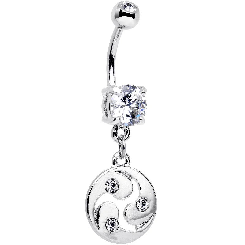 Designer Belly Rings for Unique Style -Clear CZ Gem Triskele Spiral Dangle Belly Ring Designer Belly Rings for Unique Style -Clear CZ Gem Triskele Spiral Dangle Belly Ring