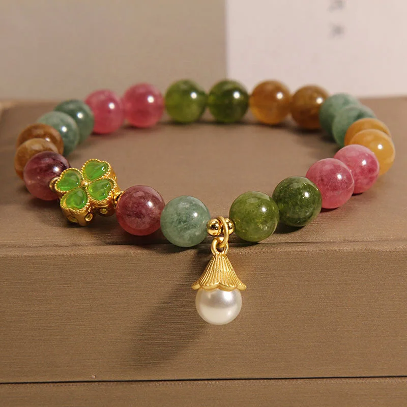 Bold Cuff Bangles for Women-Buddha Stones Colorful Tourmaline Four Leaf Clover Flower Wisdom Bracelet Bold Cuff Bangles for Women-Buddha Stones Colorful Tourmaline Four Leaf Clover Flower Wisdom Bracelet