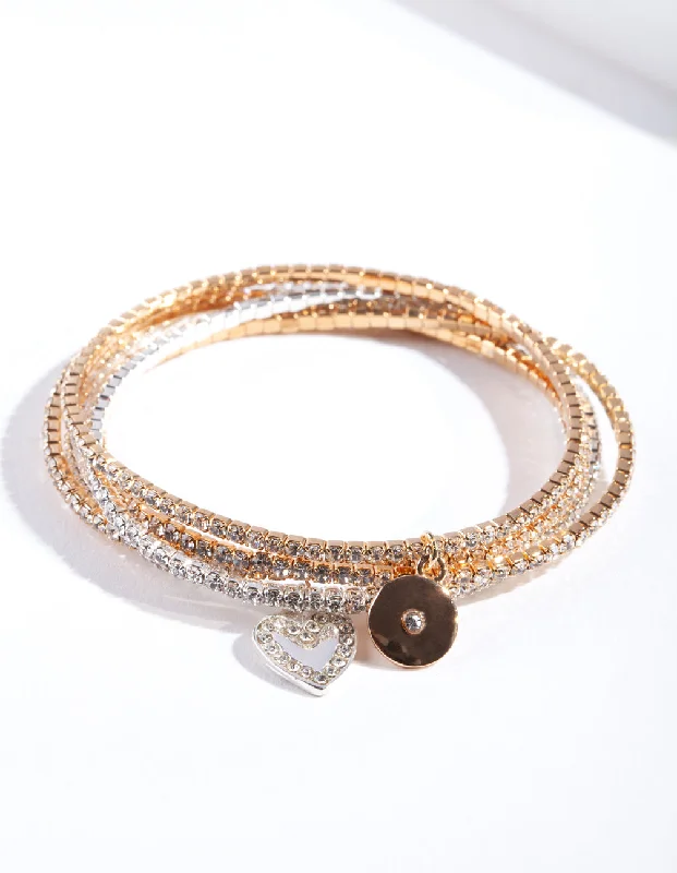 Set of Gemstone Bangles for Women-Mesh Diamante Bracelet 5-Pack
