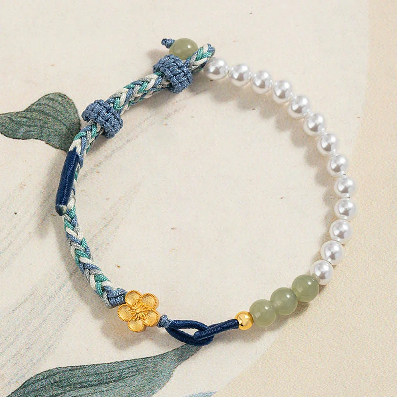 Luxury Wedding Bangles for Women-Buddha Stones 925 Sterling Silver Hetian Jade Peach Blossom Flower Pearl Braided Luck Bracelet Luxury Wedding Bangles for Women-Buddha Stones 925 Sterling Silver Hetian Jade Peach Blossom Flower Pearl Braided Luck Bracelet