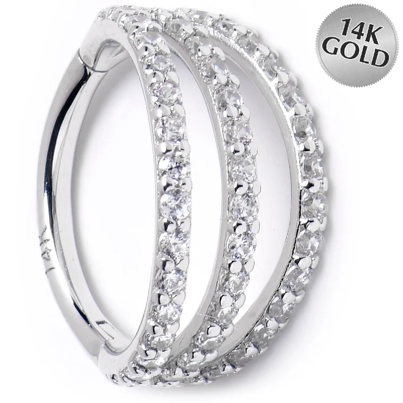 Sterling Silver Nose Rings -16 Gauge 3/8 Solid 14KT White Gold Clear CZ Gem Row Hinged Segment Ring Sterling Silver Nose Rings -16 Gauge 3/8 Solid 14KT White Gold Clear CZ Gem Row Hinged Segment Ring