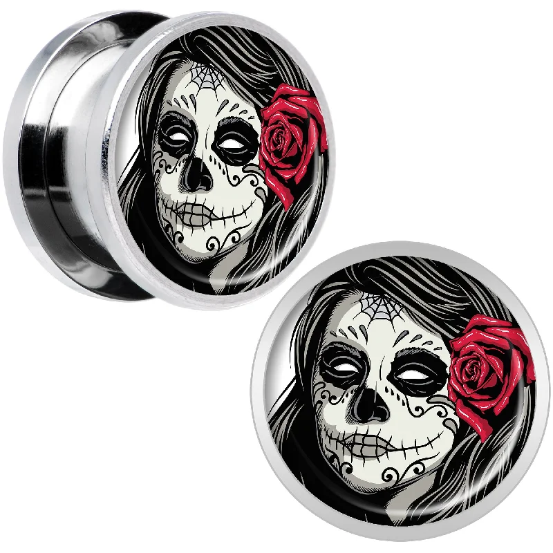 Women's Earrings – Elegant Designs for Every Personality--Katrina Sugar Skull with Rose Flower Steel Screw Fit Plug Set 9/16 Women's Earrings – Elegant Designs for Every Personality--Katrina Sugar Skull with Rose Flower Steel Screw Fit Plug Set 9/16