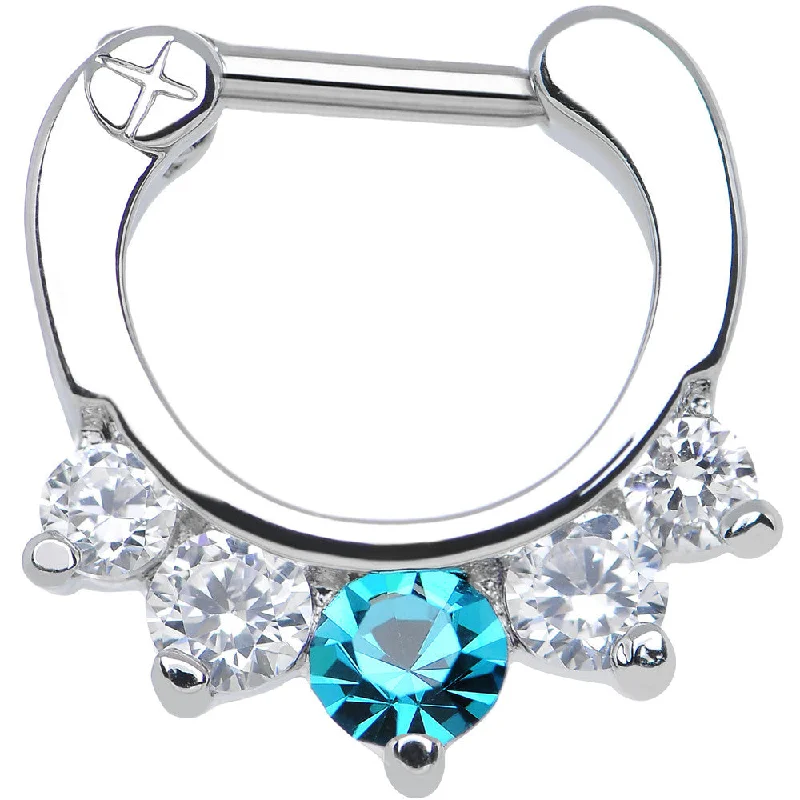 Nose Rings for All Fashion Styles -16 Gauge 1/4 Five Clear and Blue Cubic Zirconia Septum Clicker Nose Rings for All Fashion Styles -16 Gauge 1/4 Five Clear and Blue Cubic Zirconia Septum Clicker