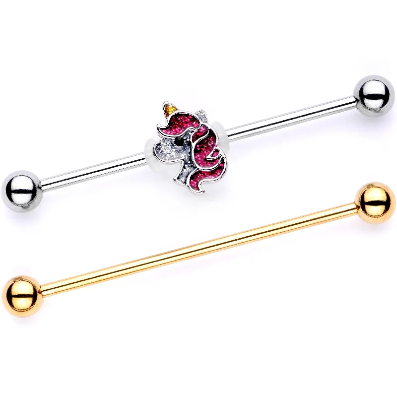 Women's Earrings – Elegant Designs for Every Personality--Purple Glitter Cartoon Unicorn Gold Tone Industrial Barbell Set of 2