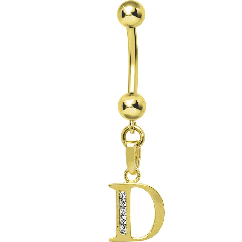 Belly Rings with Gold Finish for Elegant Style -16 Gauge Solid 14kt Yellow Gold CZ Initial D Belly Ring Belly Rings with Gold Finish for Elegant Style -16 Gauge Solid 14kt Yellow Gold CZ Initial D Belly Ring