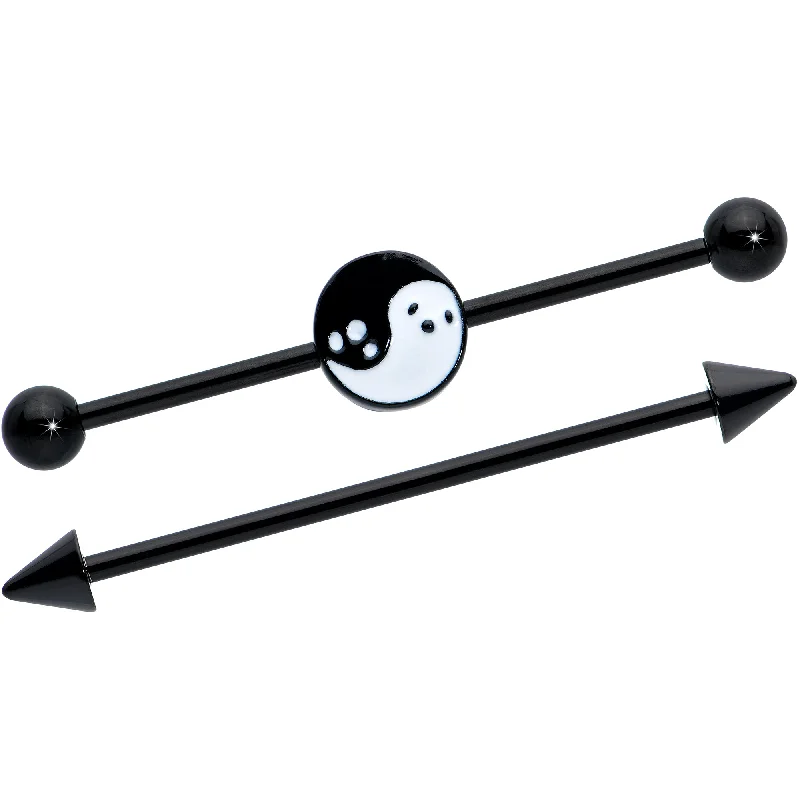 Women's Earrings – Elegant Designs for Every Personality--14 Gauge Black Ghost Yin Yang Industrial Barbell Set of 2