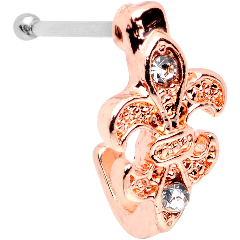 Nose Rings with Pearls -20 Gauge 3/8 Clear Gem Rose Gold Tone Fleur De Lis Faux Hoop Nose Bone Nose Rings with Pearls -20 Gauge 3/8 Clear Gem Rose Gold Tone Fleur De Lis Faux Hoop Nose Bone