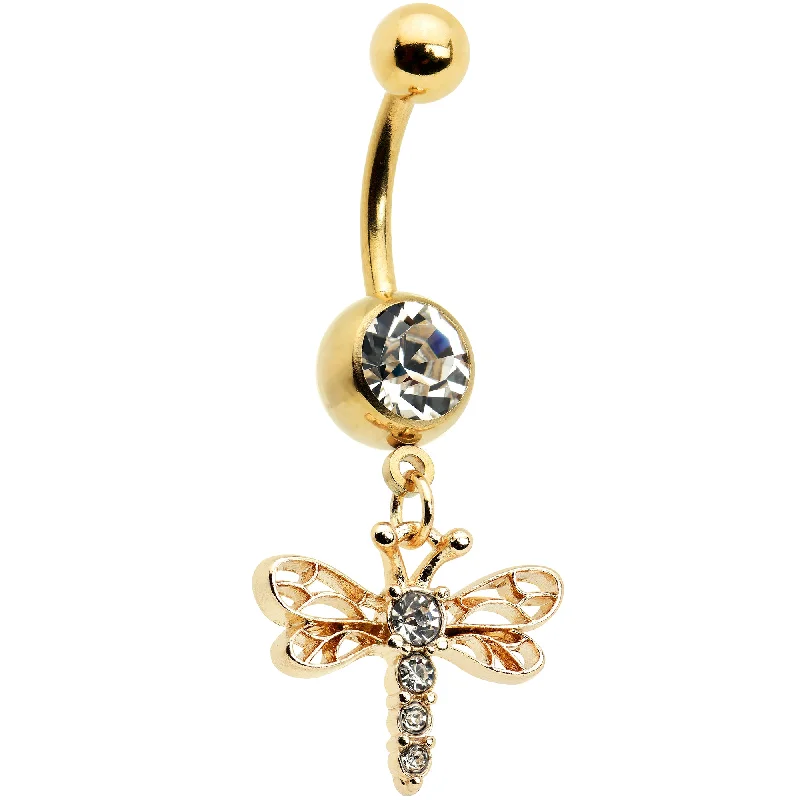 Unique Belly Rings with Artistic Design -Clear Gem Gold Tone Flying Dragonfly Dangle Belly Ring Unique Belly Rings with Artistic Design -Clear Gem Gold Tone Flying Dragonfly Dangle Belly Ring