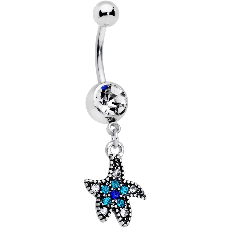 Custom Belly Rings with Personalized Features -Clear Blue Gem Nautical Starfish Dangle Belly Ring Custom Belly Rings with Personalized Features -Clear Blue Gem Nautical Starfish Dangle Belly Ring