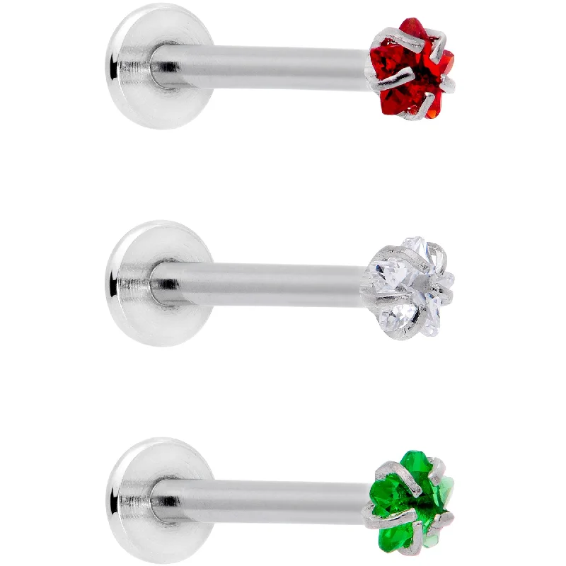 Timeless Lip Rings for Subtle Fashion16 Gauge 3/8 Red Green CZ Gem Holiday Star Labret Tragus Set of 3