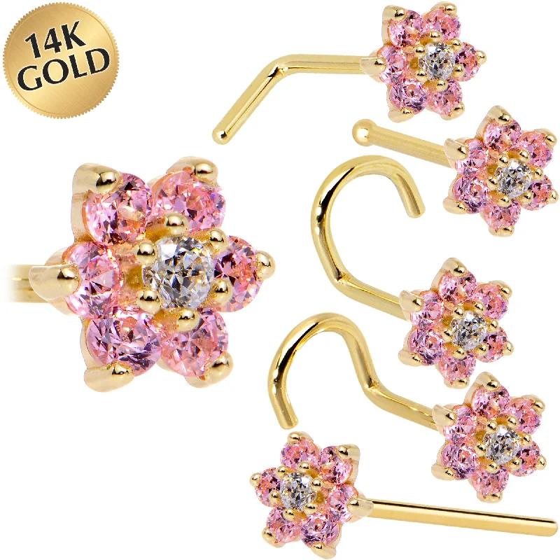 Comfortable Nose Rings for All Styles -Solid 14KT Yellow Gold Pink and Clear Cubic Zirconia Flower Nose Ring Comfortable Nose Rings for All Styles -Solid 14KT Yellow Gold Pink and Clear Cubic Zirconia Flower Nose Ring
