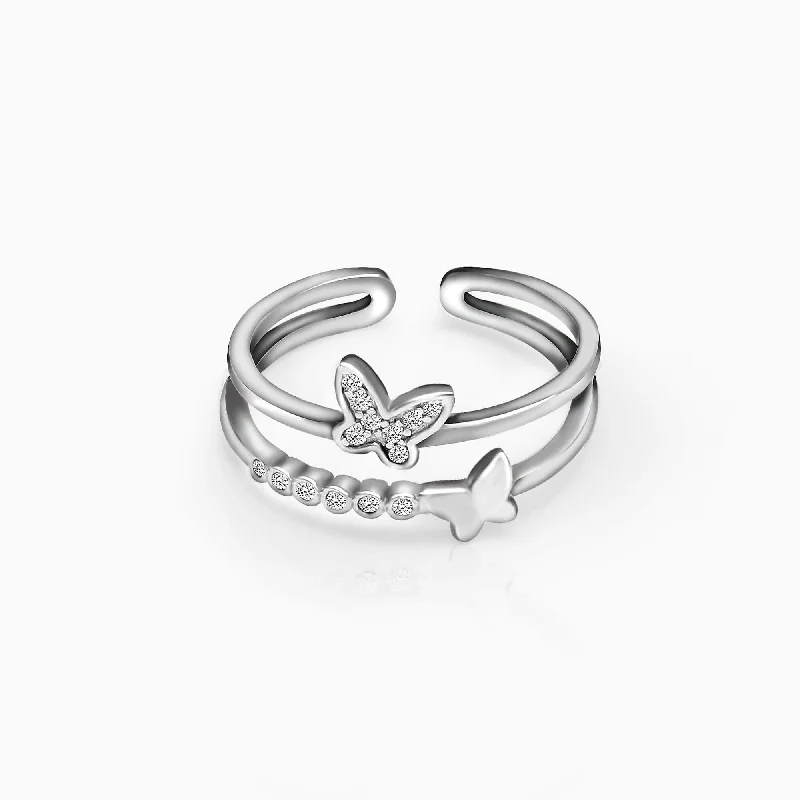 Chic Women's Rings for Fashion-Forward Looks-Silver Layered Butterfly Ring
