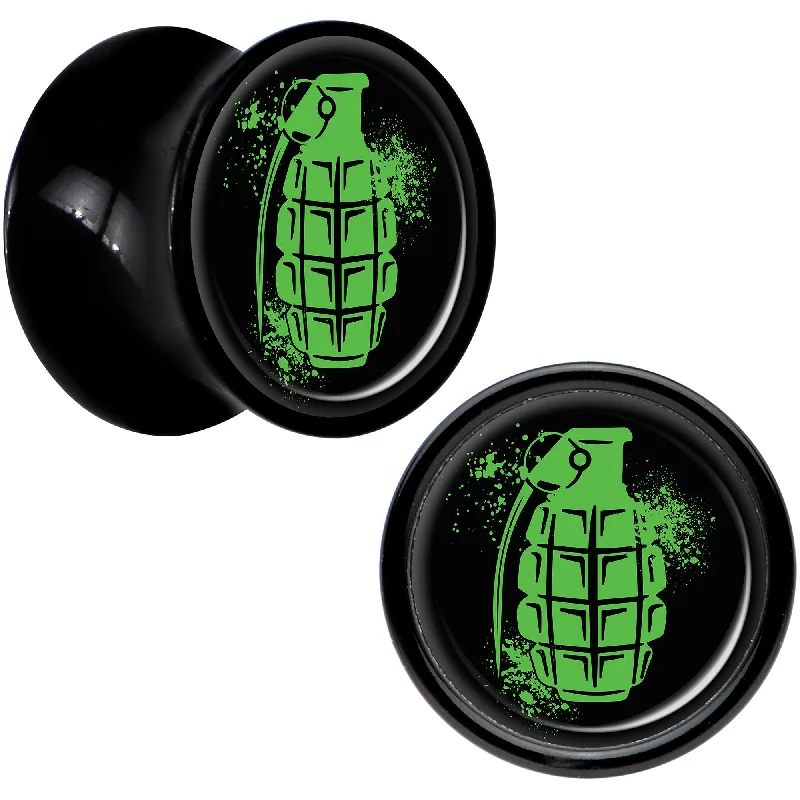 Women's Earrings – Elegant Designs for Every Personality--Black Acrylic Green Grenade Saddle Plug Set 00 Gauge