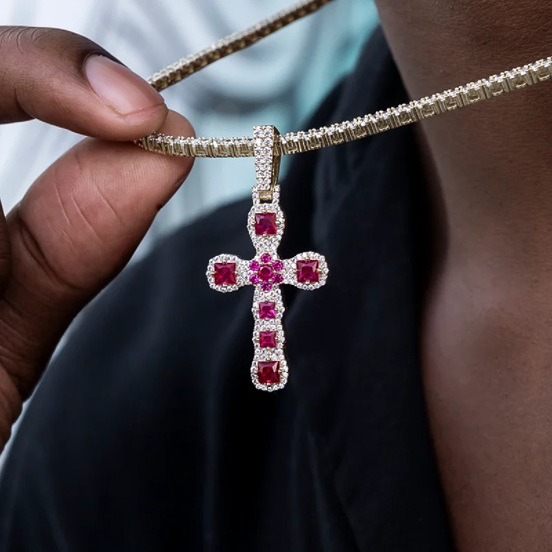 Exclusive Men's Necklaces & Pendants for the Modern Gentleman-Ruby Stone Rounded Cross Pendant in Yellow Gold Exclusive Men's Necklaces & Pendants for the Modern Gentleman-Ruby Stone Rounded Cross Pendant in Yellow Gold