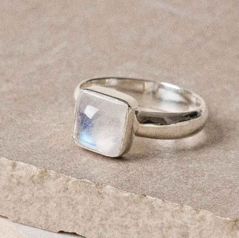 Chic Women's Rings for Fashion-Forward Looks-Square Cut Rainbow Moonstone Ring