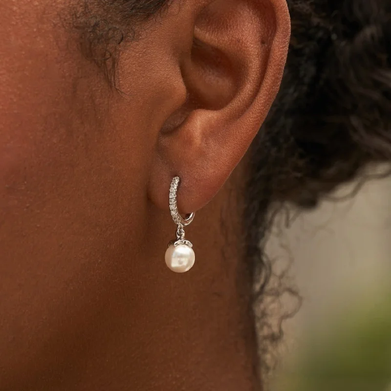 Women's Earrings – Elegant Designs for Every Personality--Pave Huggie Pearl Drop Earrings in White Gold