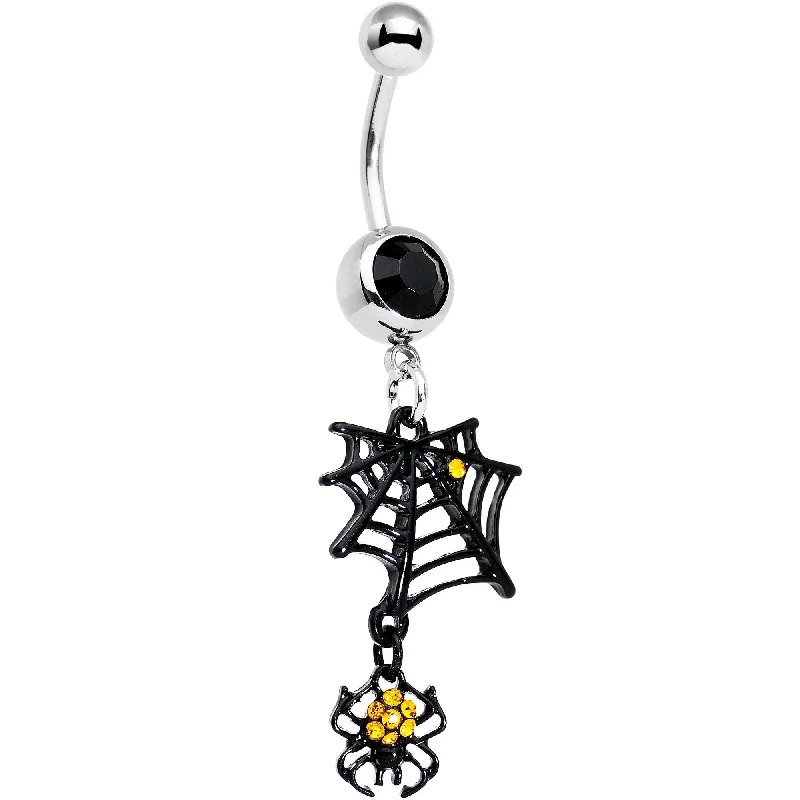 Comfortable Belly Rings for Effortless Style -Yellow Black Gem Spider and Web Halloween Dangle Belly Ring Comfortable Belly Rings for Effortless Style -Yellow Black Gem Spider and Web Halloween Dangle Belly Ring