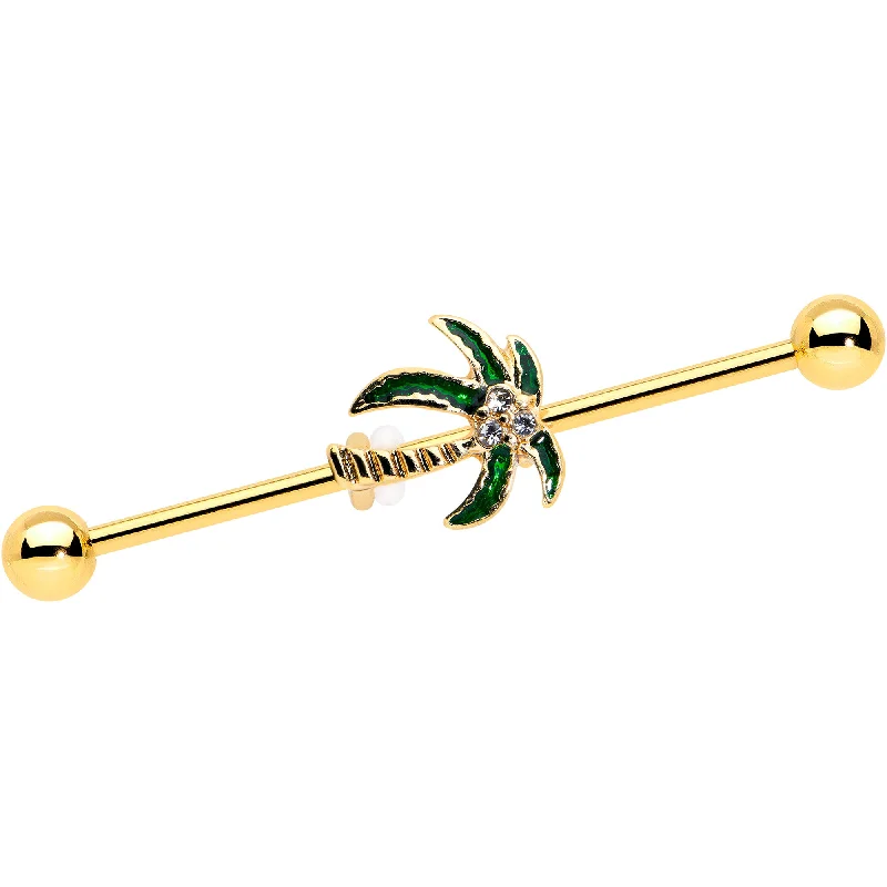 Women's Earrings – Elegant Designs for Every Personality--14 Gauge Clear Gem Gold Tone Palm Tree Style Industrial Barbell 38mm