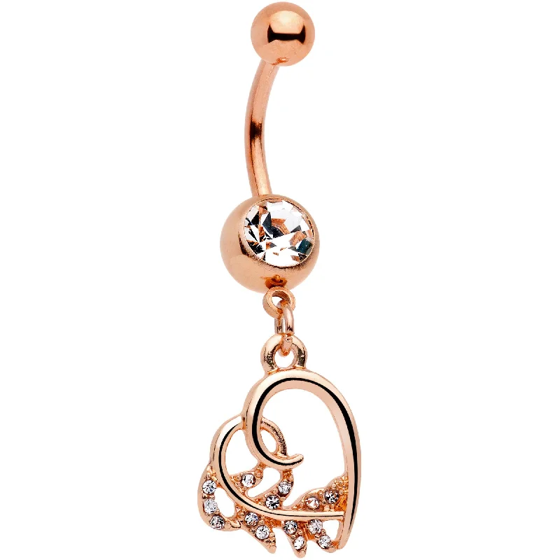 Comfortable Belly Rings for Sleek Looks -Clear Gem Rose Gold Tone Elegant Lovers Heart Dangle Belly Ring Comfortable Belly Rings for Sleek Looks -Clear Gem Rose Gold Tone Elegant Lovers Heart Dangle Belly Ring