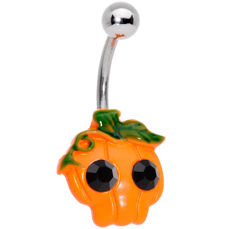 Beautiful Belly Rings with Radiant Stones -Black Gem Orange Pumpkin Jack O Lantern Halloween Belly Ring Beautiful Belly Rings with Radiant Stones -Black Gem Orange Pumpkin Jack O Lantern Halloween Belly Ring