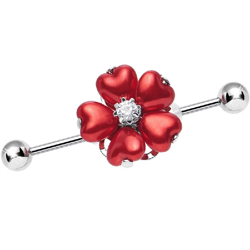 Women's Earrings – Elegant Designs for Every Personality--Red Faux Pearl Blossoming Flower of Hearts Industrial Barbell