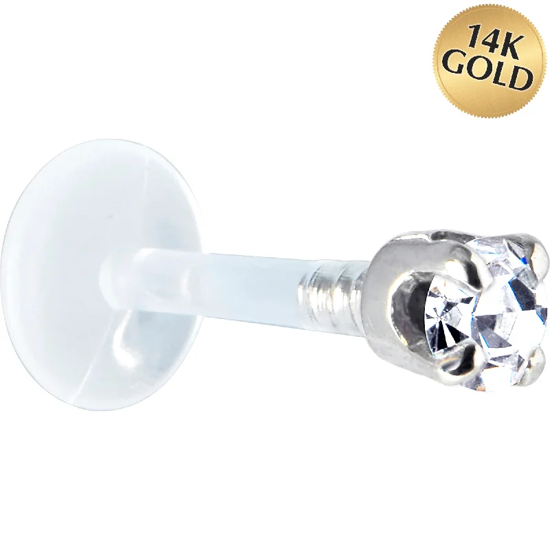 Women's Earrings – Elegant Designs for Every Personality--16 Gauge 5/16 Solid 14KT White Gold 3mm Clear Cubic Zirconia Bioplast Tragus Earring Stud