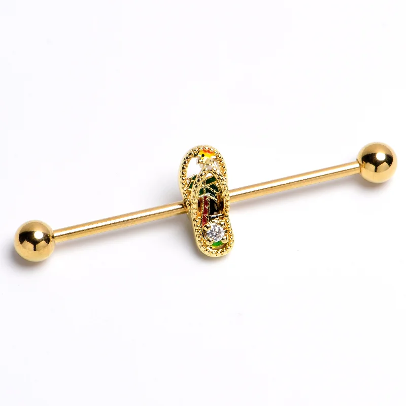 Women's Earrings – Elegant Designs for Every Personality--14 Gauge Clear Gem Gold Tone Beach Sandal Industrial Barbell 38mm