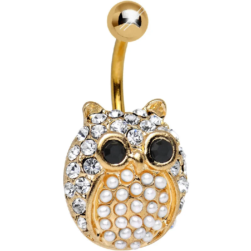 Belly Rings with Glowing Gemstones for Bold Style -Clear Gem Gold Plated Pearly Owl Square Belly Ring Belly Rings with Glowing Gemstones for Bold Style -Clear Gem Gold Plated Pearly Owl Square Belly Ring