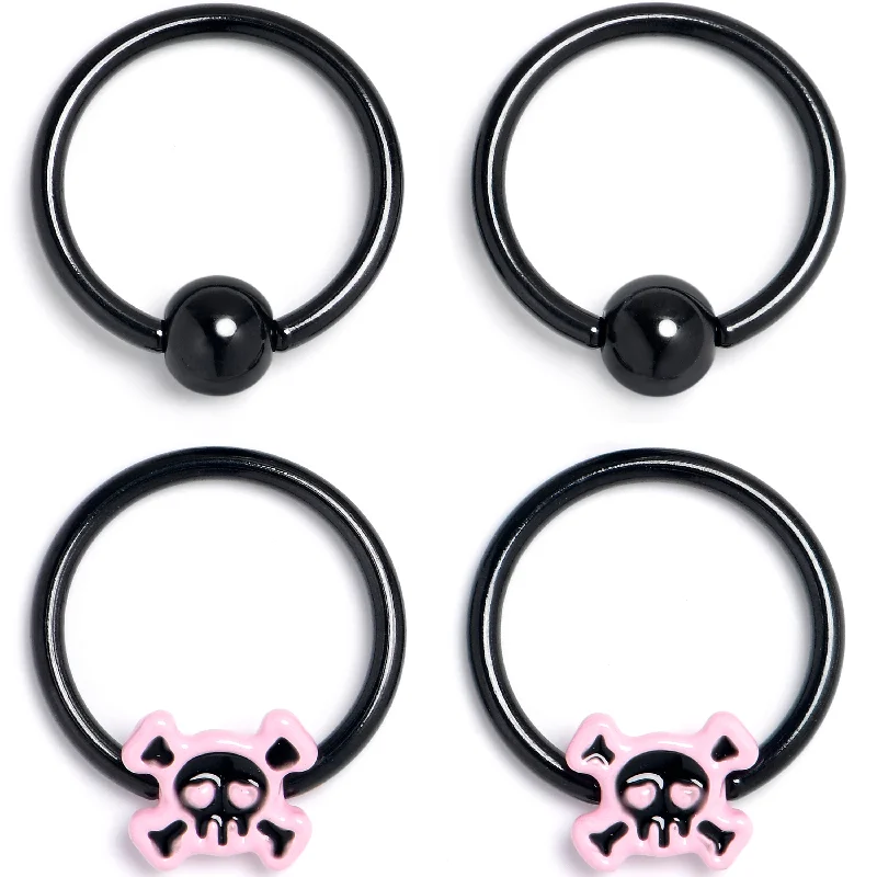 Women's Earrings – Elegant Designs for Every Personality--16 Gauge 3/8 Black Skull Crossbones Pink BCR Captive Ring Set of 4