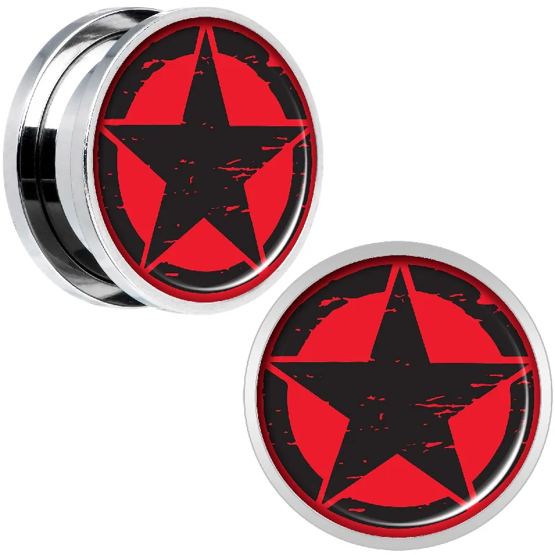 Women's Earrings – Elegant Designs for Every Personality--Black Red Distressed Star Steel Screw Fit Plug Set 18mm Women's Earrings – Elegant Designs for Every Personality--Black Red Distressed Star Steel Screw Fit Plug Set 18mm