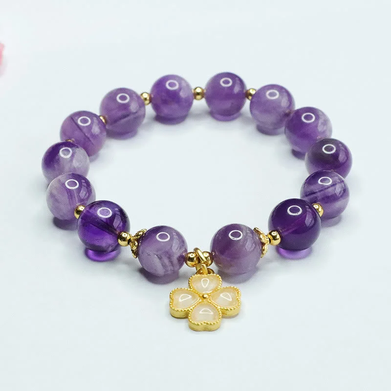 Women's Bangles with Stone Details-Buddha Stones Natural Amethyst Crystal Inner Peace Four Leaf Clover Charm Bracelet Women's Bangles with Stone Details-Buddha Stones Natural Amethyst Crystal Inner Peace Four Leaf Clover Charm Bracelet