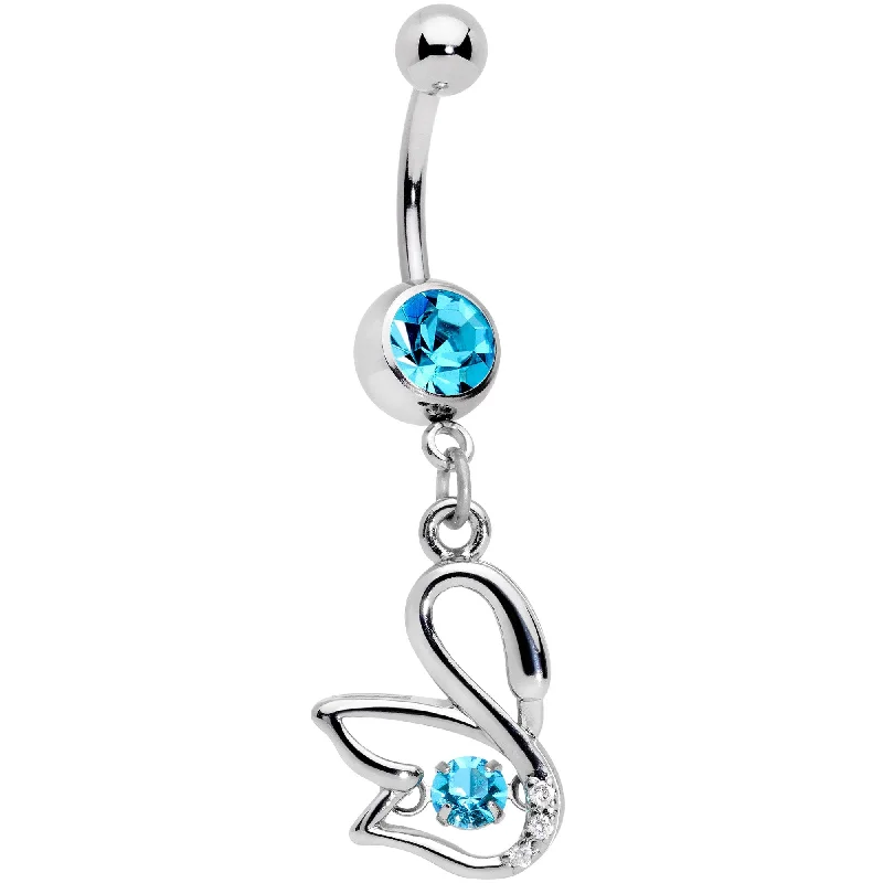 Designer Belly Rings with Unique Features -Clear Aqua CZ Gem Floating Modernist Swan Dangle Belly Ring Designer Belly Rings with Unique Features -Clear Aqua CZ Gem Floating Modernist Swan Dangle Belly Ring