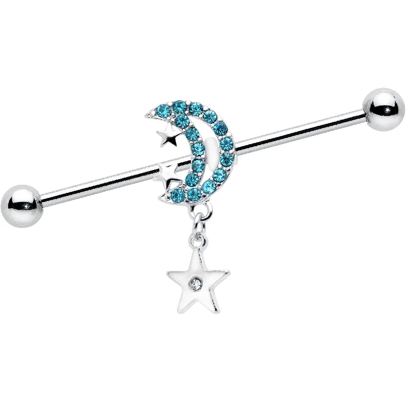 Women's Earrings – Elegant Designs for Every Personality--14 Gauge Blue CZ Gem Moon Dangle Star Industrial Barbell 38mm