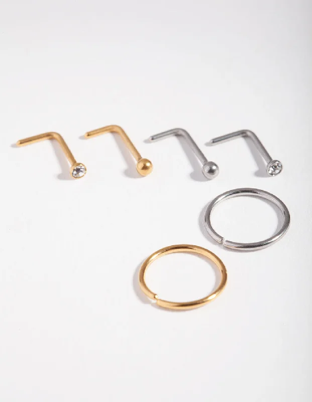 Nose Rings with Square Designs -5mm Simple Nose Stud 6-Pack