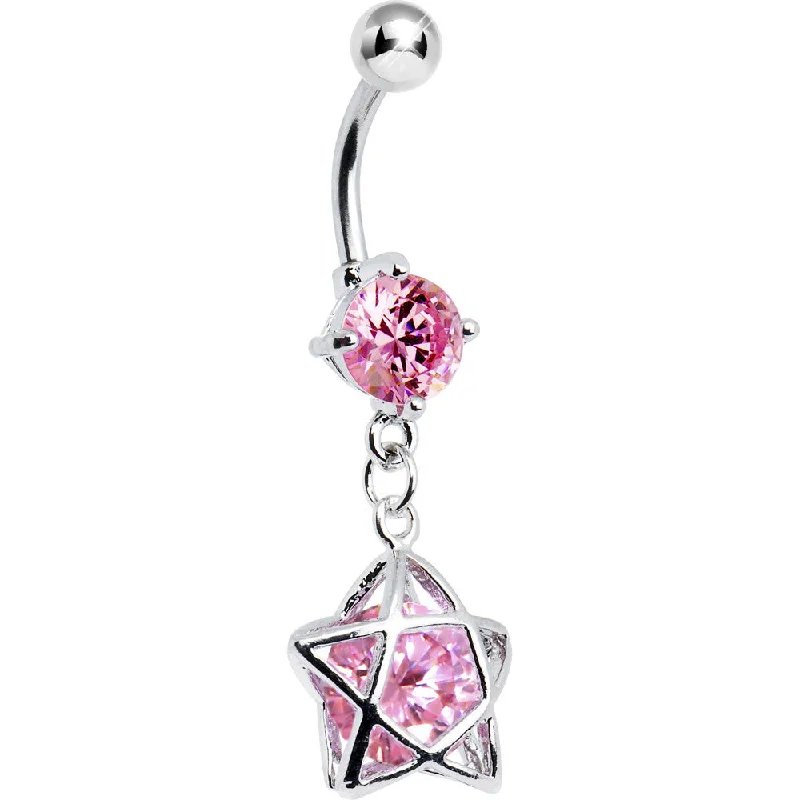 Custom Belly Rings with Personalized Designs -Pink Gem Encased Star Belly Ring