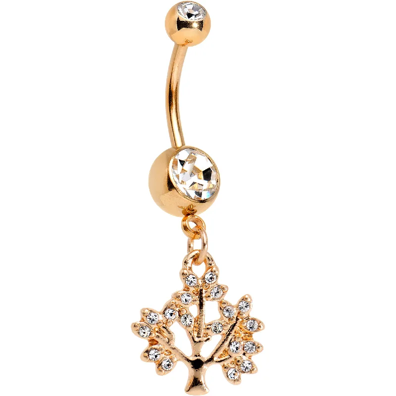 Trendy Belly Rings with Stylish Accents -Clear Gem Rose Gold Anodized Tree of Life Dangle Belly Ring Trendy Belly Rings with Stylish Accents -Clear Gem Rose Gold Anodized Tree of Life Dangle Belly Ring