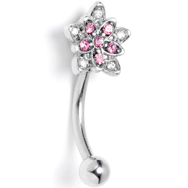 Women's Earrings – Elegant Designs for Every Personality--16 Gauge 5/16 Clear Pink CZ Gem Snowflake Flower Curved Eyebrow Ring