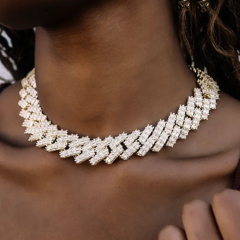 Shop Classic Women's Necklaces & Pendants with a Modern Twist-Baguette Prong Set Cuban Necklace in Yellow Gold- 19mm Shop Classic Women's Necklaces & Pendants with a Modern Twist-Baguette Prong Set Cuban Necklace in Yellow Gold- 19mm