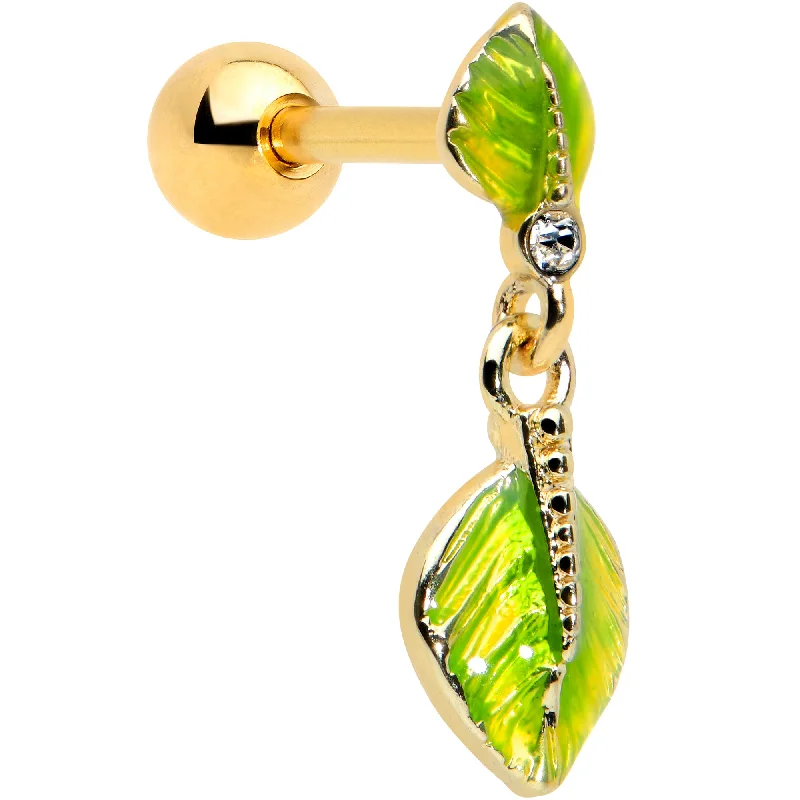 Women's Earrings – Elegant Designs for Every Personality--16 Gauge 1/4 Clear Gem  Gold Tone Lush Leaves Dangle Cartilage Tragus