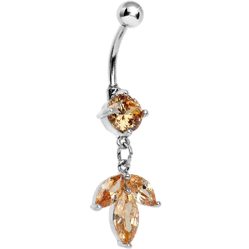 Trendy Belly Rings for Exclusive Looks -Orange Gem Noble Leaves Dangle Belly Ring