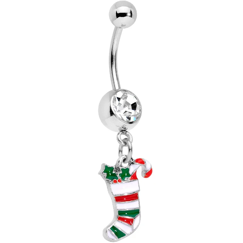Comfortable Belly Rings for Trendy Looks -Clear Gem Hang Your Christmas Stocking Dangle Belly Ring