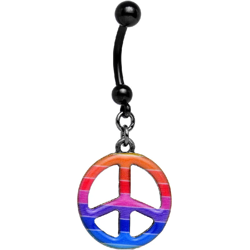 Beautiful Belly Rings with Shiny Detail -Black Anodized Titanium Rainbow Peace Symbol Dangle Belly Ring Beautiful Belly Rings with Shiny Detail -Black Anodized Titanium Rainbow Peace Symbol Dangle Belly Ring
