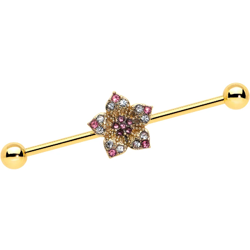 Women's Earrings – Elegant Designs for Every Personality--14 Gauge Clear Pink Gem Gold Tone Texture Star Industrial Barbell 38mm
